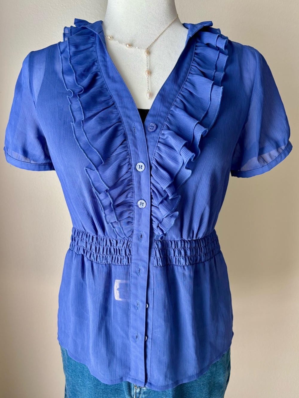 The Limited Blue Sheer Ruffle Blouse Cinched Waist XS